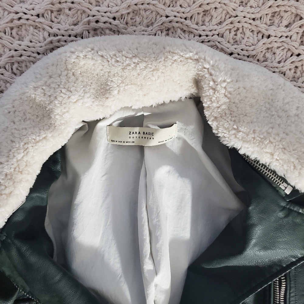 Green Shearling Aviator Collar Versatile Moto Jacket - Picture 8 of 16